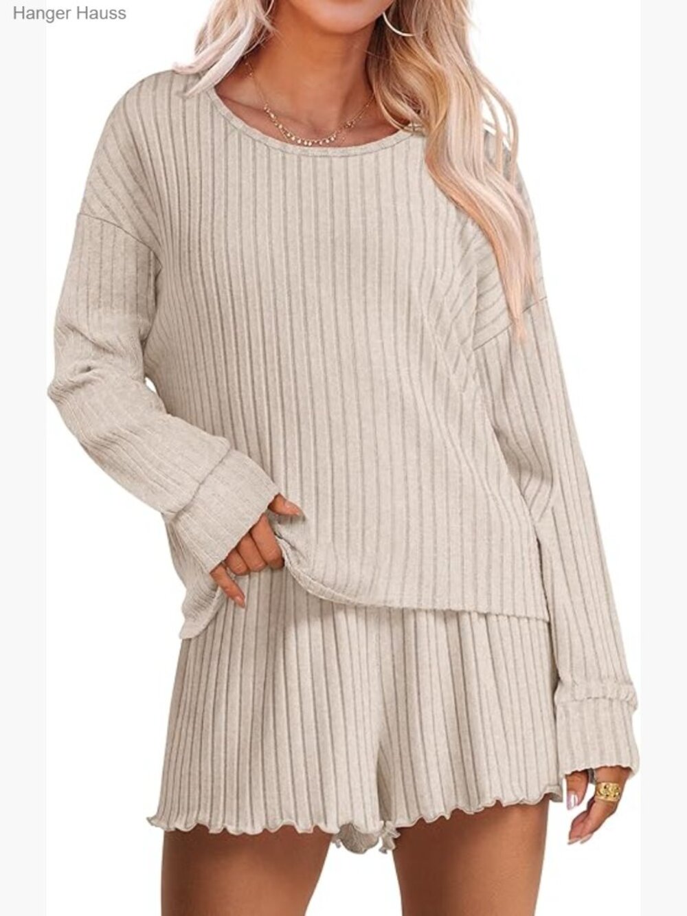 Ribbed Long Sleeve Lounge Pajama Set with Matching Shorts